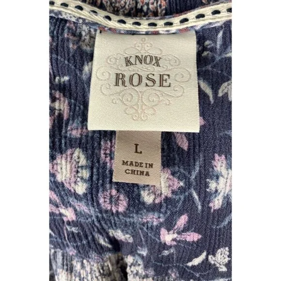 Knox Rose Midi Dress Size Large Rayon Short Sleeve Navy Blue/White Floral Boho - Picture 6 of 7